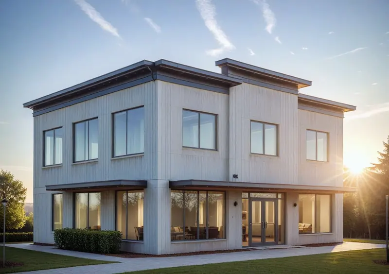 Two-story mixed-use building designed by Studio AM, shown at sunset